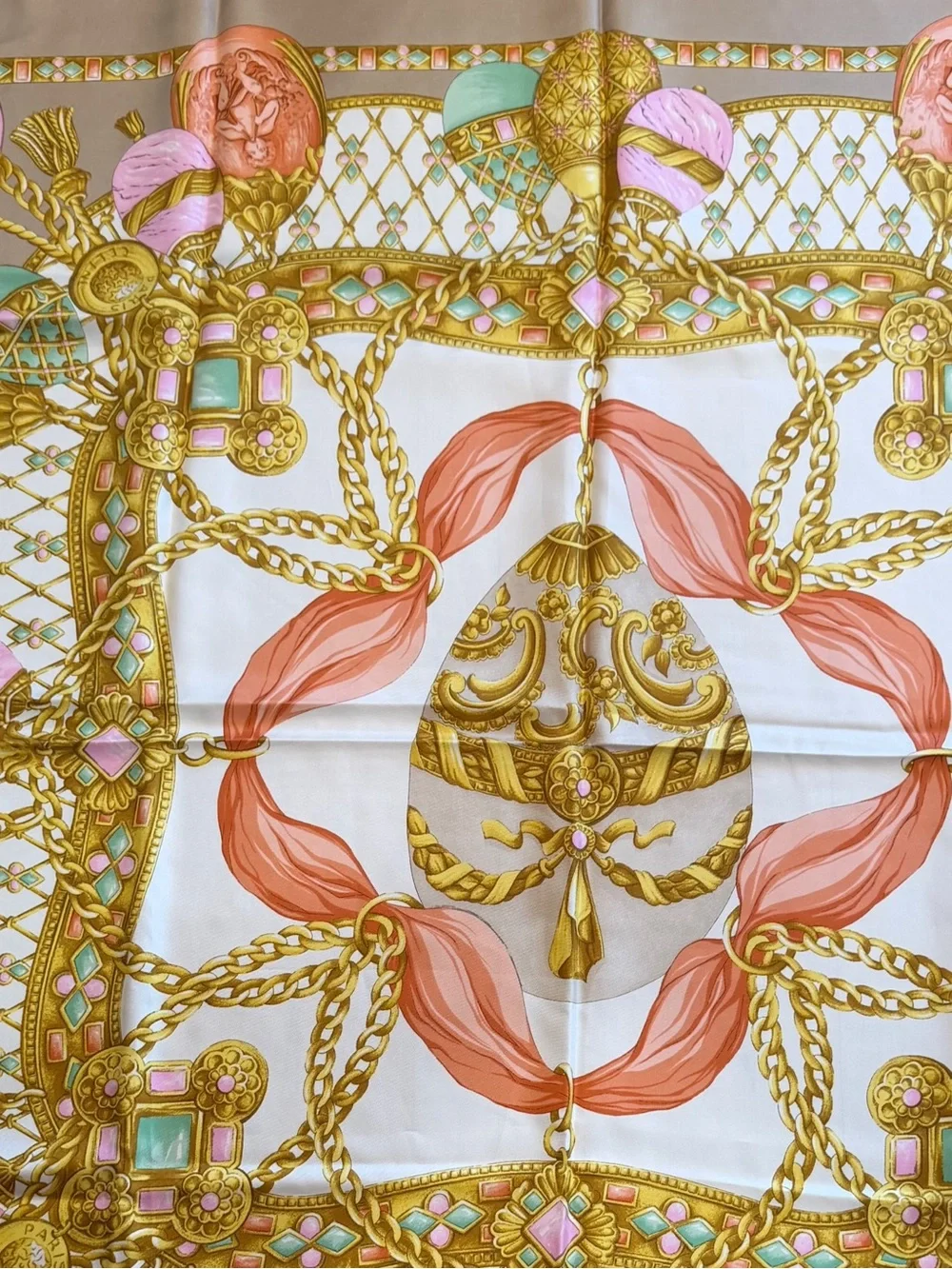Celine Silk Scarf in Taupe, Pink & Mint with Gold Motif